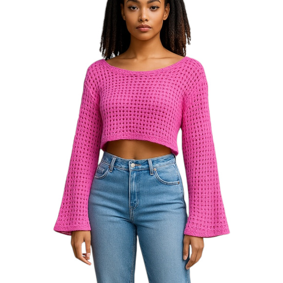 NWT Pretty Damage Pink Crochet Bell Long Sleeve Crop Knit Boho Top Sz Small - Picture 1 of 7